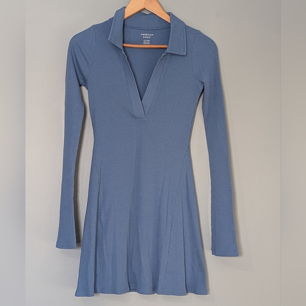 American Eagle Outfitters Ribbed‎ Knit Blue Collard Coquette Mini Dress